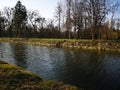 Autumn park river reflection landscape. Park river reflection in autumn season. Autumn river reflection panorama Royalty Free Stock Photo