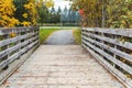 Autumn in park. Wooden bridge and trees with fallen colored leaves during fall season Royalty Free Stock Photo