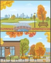 Autumn Parks with Bridge over Pond and Cozy Cafe Royalty Free Stock Photo