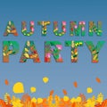 Autumn Party flyer template with lettering, orange leaves. Post