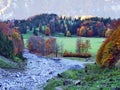 Autumn pastures and farms in the valley of lake Klontalersee or in the Klontal valley Royalty Free Stock Photo