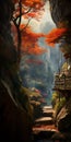 Autumn Path On Rocky Bridge: Exotic Fantasy Landscapes Inspired By Miyazaki Hayao