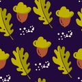Autumn pattern with acorns, oak leaves and points on dark background. Ornament for textile and wrapping. Vector Royalty Free Stock Photo
