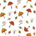 Autumn pattern with clouds, umbrellas and rain drops.