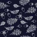 Autumn seamless pattern contour with oak leaves and acorns blue and white low poly