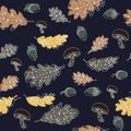 Autumn seamless pattern contour with oak leaves mushrooms acorns black and white low poly Royalty Free Stock Photo