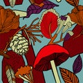 Autumn pattern design. Plants mushrooms and berries