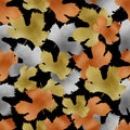 Autumn metallic gold copper silver leaves seamless pattern. Fall metallic paint grape vine leaves on black background.