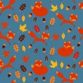 Autumn pattern with foxes. leaves on blue background.