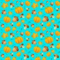 Autumn pattern with leaves, acorns and pumpkins