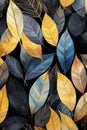 Autumn pattern of leaves in blue and gold tones on dark black background Royalty Free Stock Photo