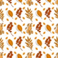 Autumn pattern with leaves and pears contour, orange color