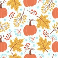 Autumn pattern with leaves, pumpkin and berries. Colorful and bright vector background