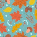 Autumn pattern with oak leaves, maple, berries, acorn and mushrooms. Cozy season background