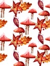 Autumn pattern with red Mushrooms watercolor Vector on white backgrounds