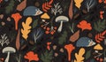 Autumn pattern, seamless fall background. Orange, brown and yellow leaves, mushrooms, berries and hedgehog. Forest