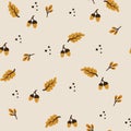 Seamless pattern of autumn leaves, autumn oak fabric design. Vector digital background in the form of an acorn and dots. Royalty Free Stock Photo