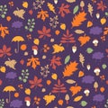 Autumn pattern. Seamless pattern. Bright autumn leaves, branches, berries and mushrooms, clouds against a purple Royalty Free Stock Photo