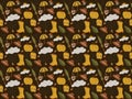 Autumn pattern. Vector seamless background with autumn elements: autumn leaves, umbrella, pumpkin, mushrooms, boots, rain, hat ..