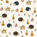 Woodland baby animals seamless pattern. Autumn vector background with cute hedgehog, apple, pear, leaves and rainbow.