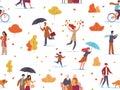 Autumn people seamless pattern. Guys and kid with umbrellas walk public park, take photo and play fall leaves, texture Royalty Free Stock Photo