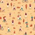 Autumn people seamless pattern. Men, women and child enjoying fall season, walk with umbrella and pets in park, ride