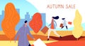 Autumn people shopping. City characters, person with shop bags walk on fall sale. Seasonal discount web banner, special