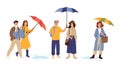 Autumn people with umbrellas. Rainy day, person walk with colorful umbrella. Woman man stand in puddle vector characters