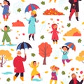 Autumn people walking pattern. Adult standing with umbrella, children jumping in leaves. City fall season walk decent Royalty Free Stock Photo