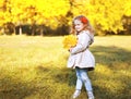 Autumn photo beautiful little girl with yellow maple leafs Royalty Free Stock Photo