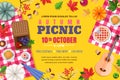 Autumn picnic background frame. Vector poster or banner template. Outdoors weekend and Thanksgiving holiday illustration