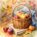 Autumn picnic basket with fruits and cheese.