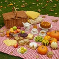 Autumn Picnic with Cheese, Fruit, and Cake on Red Blanket Royalty Free Stock Photo