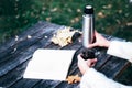 Autumn picnic in the park with a book and hot tea. Royalty Free Stock Photo