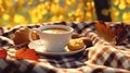 Autumn picnic in the park. Cup of coffee, apple and cookies on picnic plaid on nature yellow leaves. Active lifestyle concept Royalty Free Stock Photo