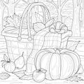 Autumn picnic at the park. Pumpkin and fruits.Coloring book antistress for children and adults.