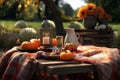 Autumn picnic scene with a cozy blanket pumpkins