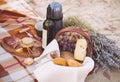 Autumn picnic by the sea with wine, grapes, bread and cheese Royalty Free Stock Photo