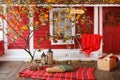 Autumn picnic on the veranda of a country house