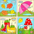 Autumn picture icons for designing themed projects - falling leaves, rain, umbrella, rubber boots, playful frogs, puddles, mushroo Royalty Free Stock Photo