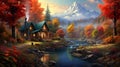 Autumn picture of a village house, surrounded by a forest of red leaves, a mountain river and animals walking nearby