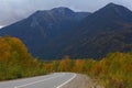 Autumn picturesque road with dark mountains, volcanoes and yellow trees.