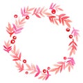 Autumn pink fern leaf wreath watercolor illustration.