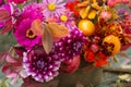Autumn pink orange flowers close up background, fall bouquet with dahlia