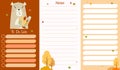 Autumn planner organizer with cute bear with autumn leaves Against the background with an autumn landscape. A set of