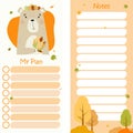 Autumn planner organizer with cute bear with autumn leaves On a background with an autumn landscape. A set of vertical