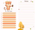 Autumn planner organizer with cute tiger with autumn leaves and trees. A set of vertical templates - To-do list and