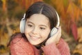Autumn playlist concept. Enjoy music outdoors fall warm day. Audio file. Educational podcast. Feel joy. Kid girl