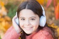 Autumn playlist concept. Music for autumn cozy mood. Listening song. Enjoy music outdoors fall warm day. Audio file