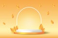 Autumn podium with white arc and leaves. 3d render orange product display scene. Vector thanksgiving platform for sale